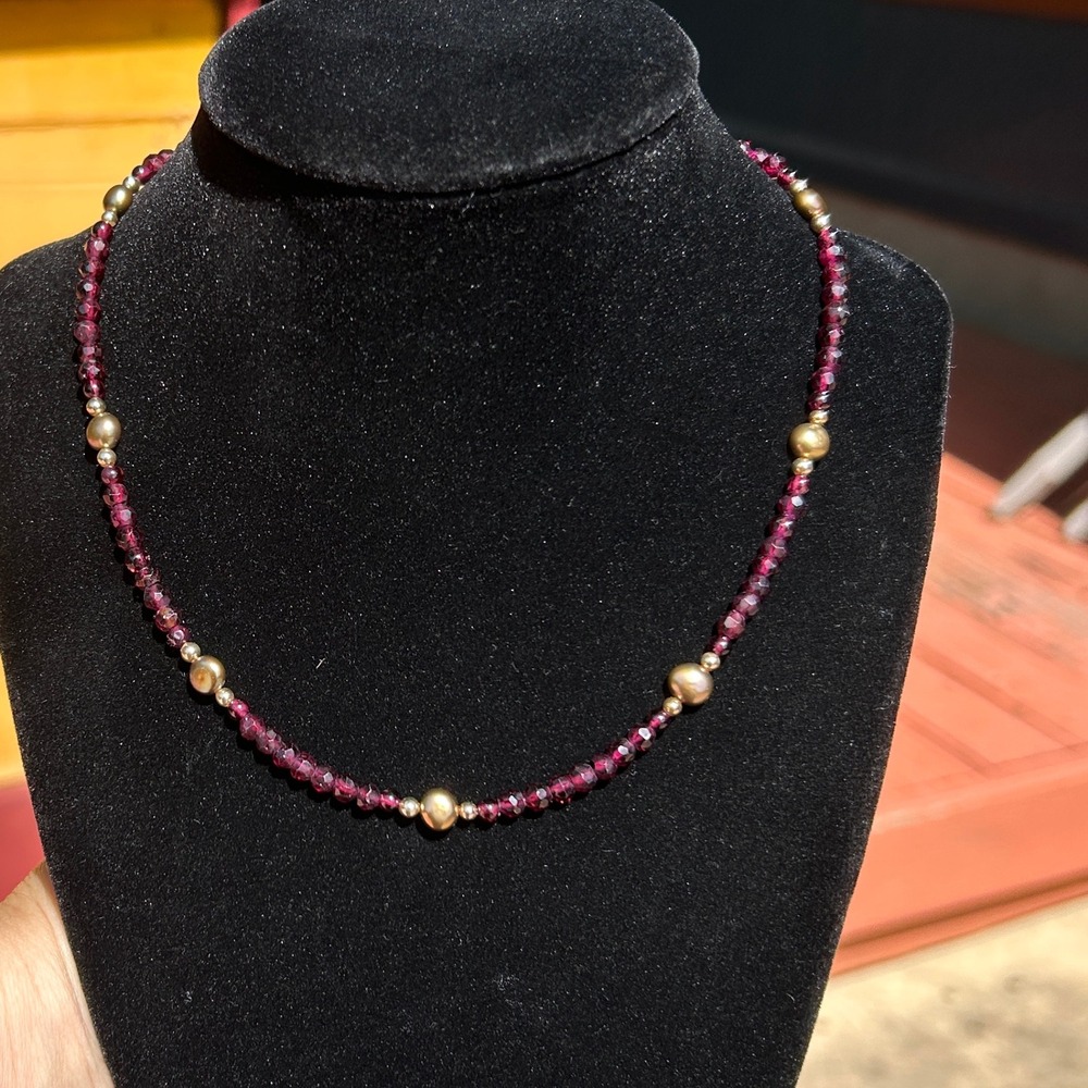 Handmade Garnet Bronze Freshwater Pearl Gold Filled‎ Necklace 18"